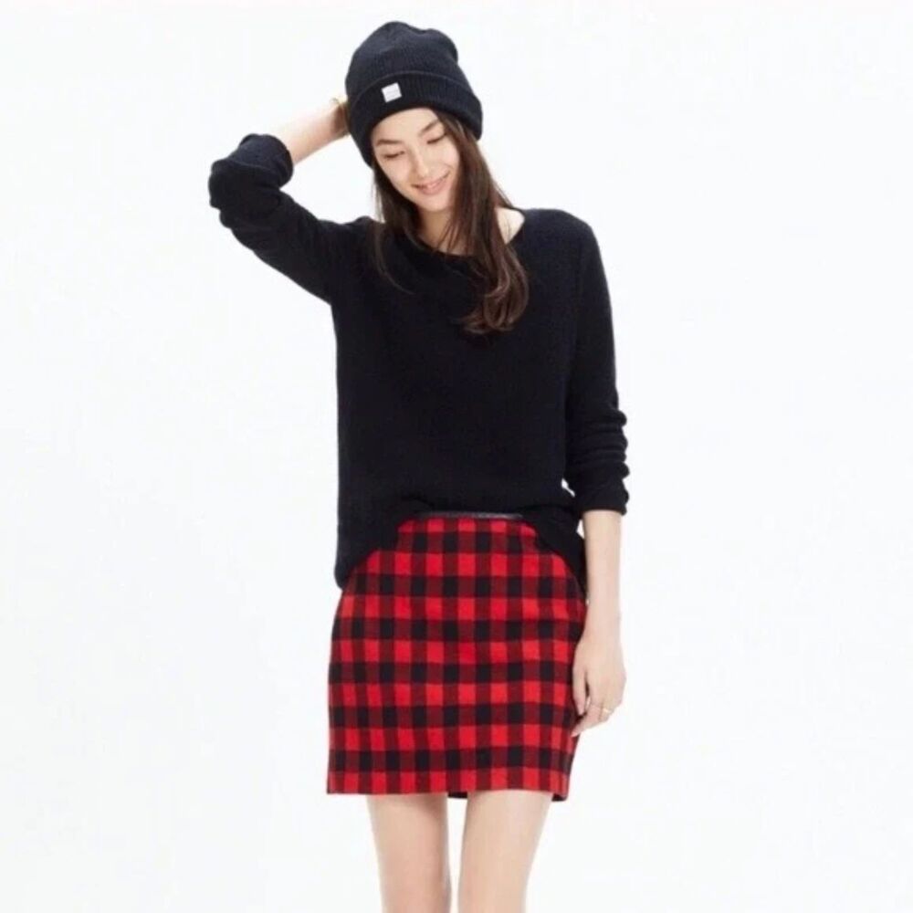 Madewell Red and Black Buffalo Check Plaid Leather Trim Gamine Mini Skirt Sz 6